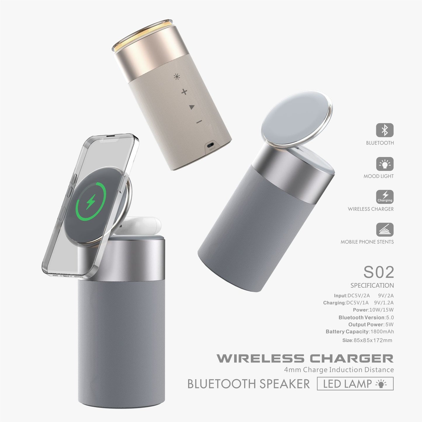 3-in-1 Wireless Charger & Bluetooth Speaker with Touch Lamp